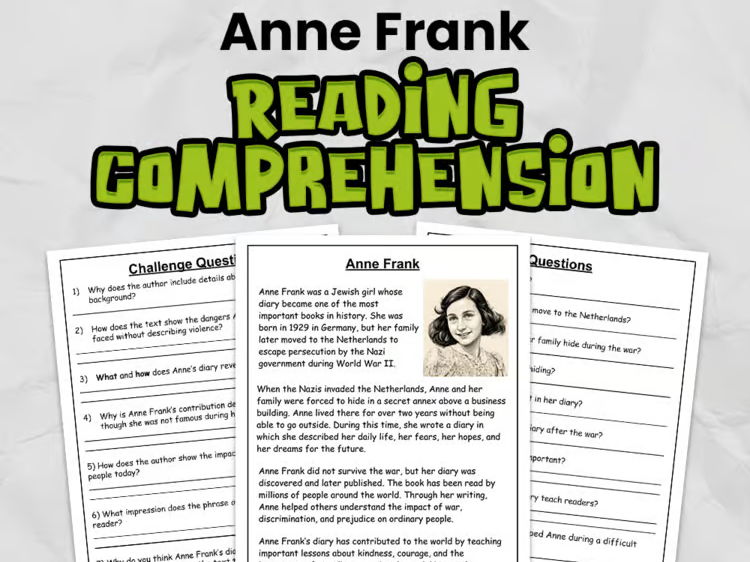 Anne Frank Reading Comprehension for Gr 3 - 5 | Women's History Month