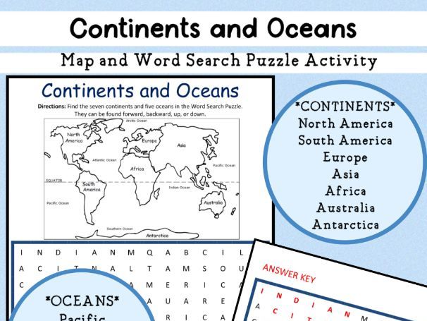 Continents and Oceans Printable Map and Word Search Puzzle Activity