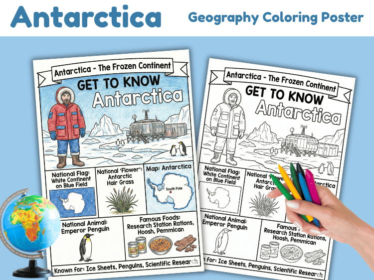 Antarctica Geography Coloring Poster | Continent Facts Worksheet