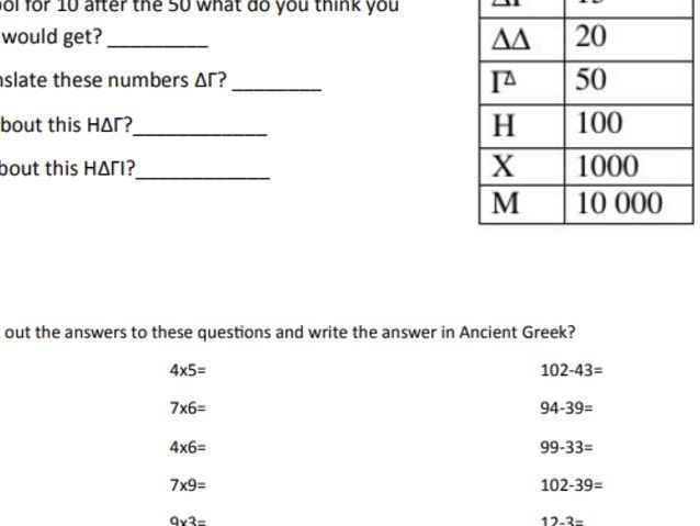 Ancient Greek Maths Worksheet