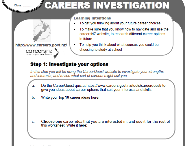 NZ Careers research worksheet - middle/secondary