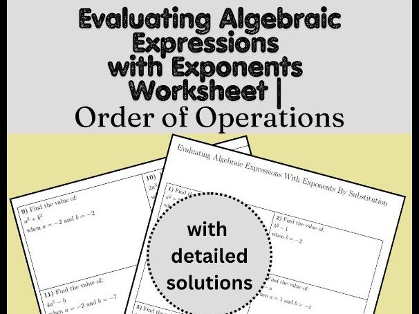 Evaluating Algebraic Expressions with Exponents Worksheet | Order of Operations