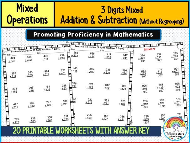 3-Digit Mixed Addition & Subtraction Without Regrouping Worksheets | No Borrowing or Carrying Practi