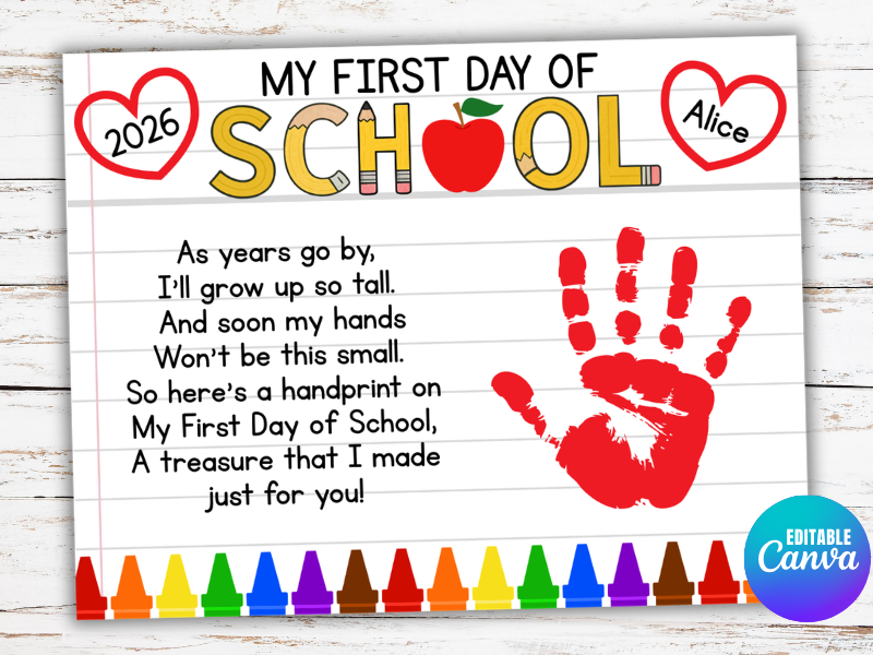 EDITABLE First Day of Preschool Handprint Craft: Preschool, Pre-K, Kindergarten