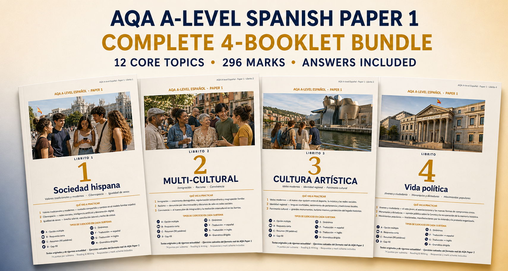 AQA A-Level Spanish Paper 1 — Complete Topic Practice Bundle (All 4 Booklets, Save 35%)