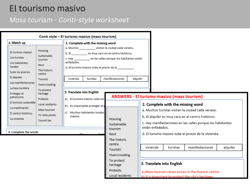 Mass Tourism in Spanish – Conti-Style Vocabulary & Practice Worksheet (National 5 / GCSE)