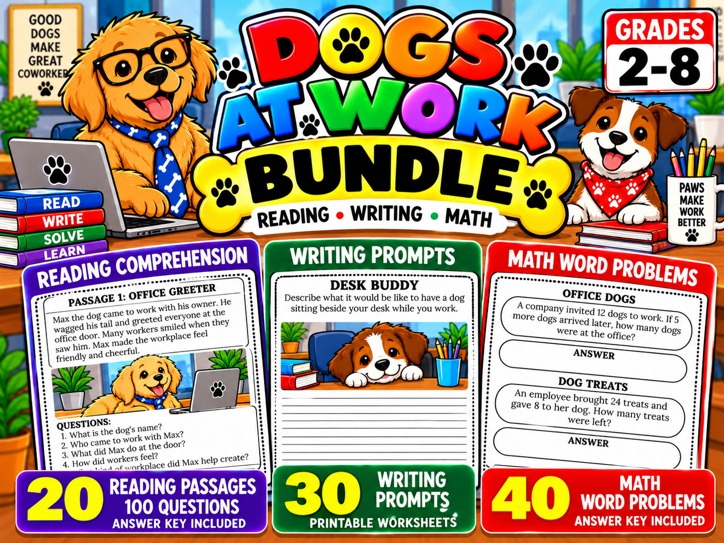 Dogs at Work Activities Bundle | Reading, Writing & Math | Grades 2–8