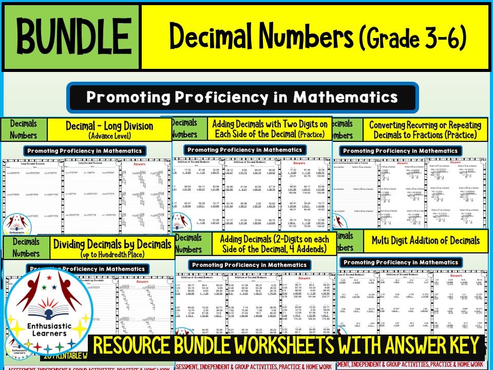 DECIMAL NUMBERS Advance Level Worksheets Product or Resource BUNDLE for GRADE 3-6