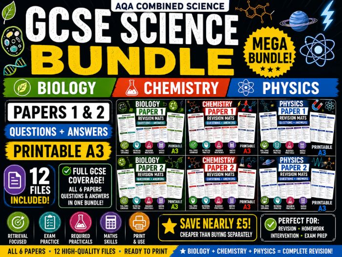 GCSE AQA Combined Science Revision Mats Bundle | Biology, Chemistry & Physics | Papers 1 & 2 |