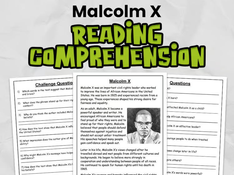 Malcolm X Reading Comprehension for Gr 3 - 5 | Guided Reading Task