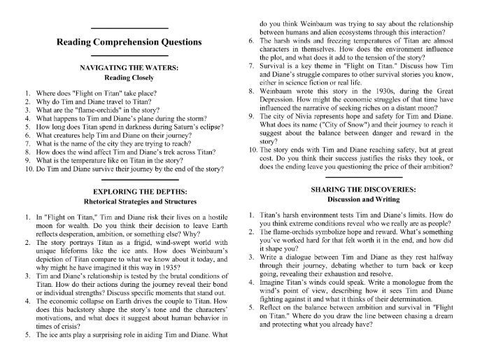 Flight on Titan by Stanley G. Weinbaum w/ Reading Comprehension Questions