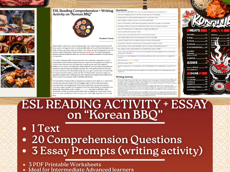 ESL Reading Comprehension + Writing Activity Worksheets - Korean BBQ ...