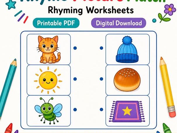 Rhyme Picture Match | Rhyming Worksheets | Printable PDF | Digital Download