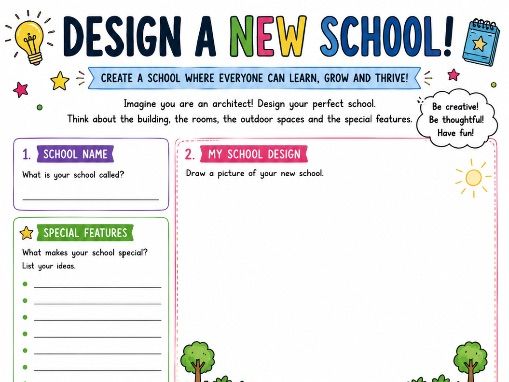 KS2 Design a New School Worksheet Creative End of Year STEM and Writing Activity