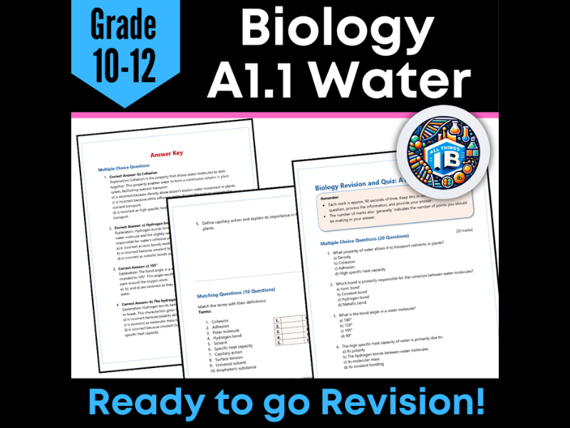 IB DP Biology A1.1 Water Quiz and Revision Worksheets 2026