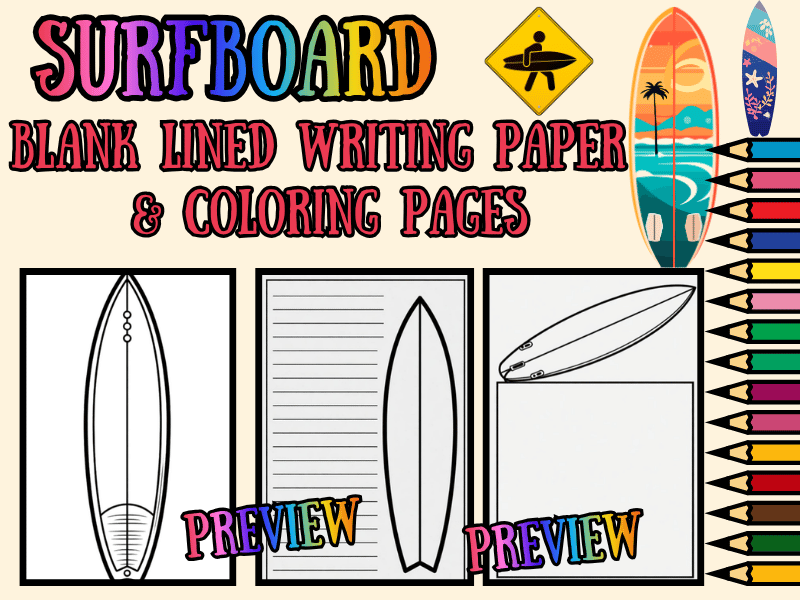 Surfboard Writing Templates & Coloring Pages | Lined Paper | NO PREP Printable