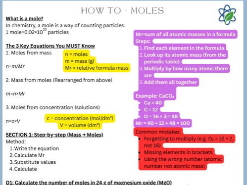 GCSE Chemistry/Higher/Combined Science/How To: Mole Calculations/ With Answers/AQA/Support/Scaffold
