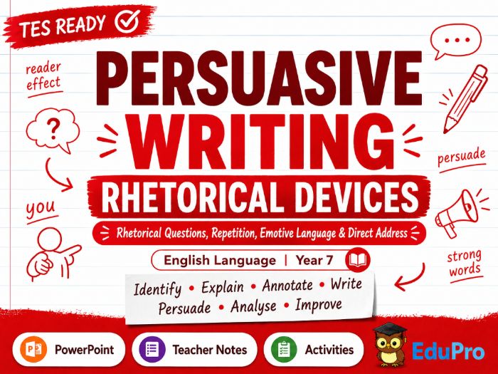 Year 7 Persuasive Writing Lesson: Rhetorical Questions, Repetition, Emotive Language & Direct Addres