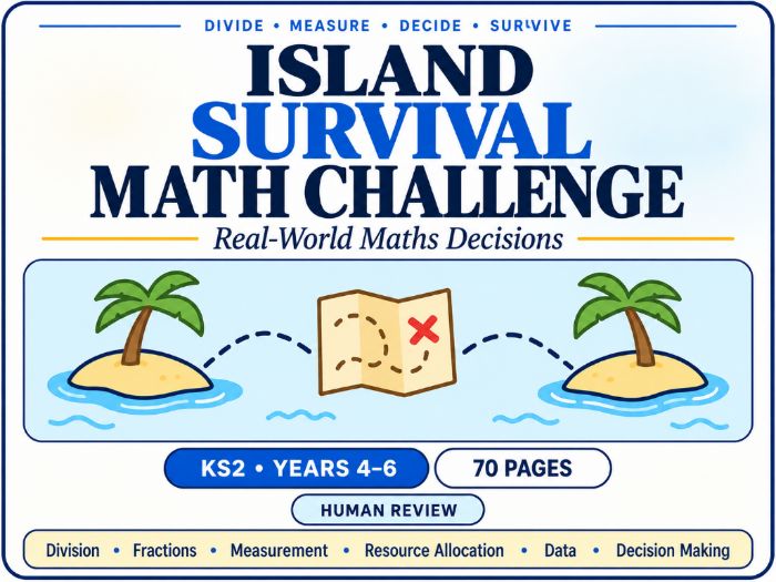 Island Survival Maths Challenge | KS2 Adventure Maths Worksheets | Years 4–6 | 70 Pages