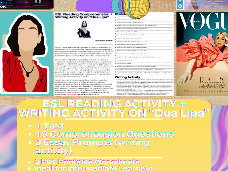 ESL Reading Comprehension + Writing Activity Worksheets - Dua Lipa