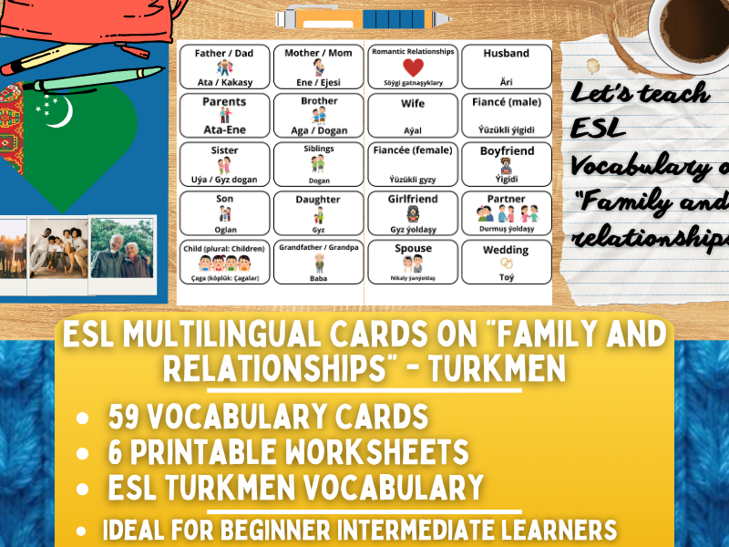 ESL Multilingual Vocabulary Flashcards - Family and Relationships - Turkmen