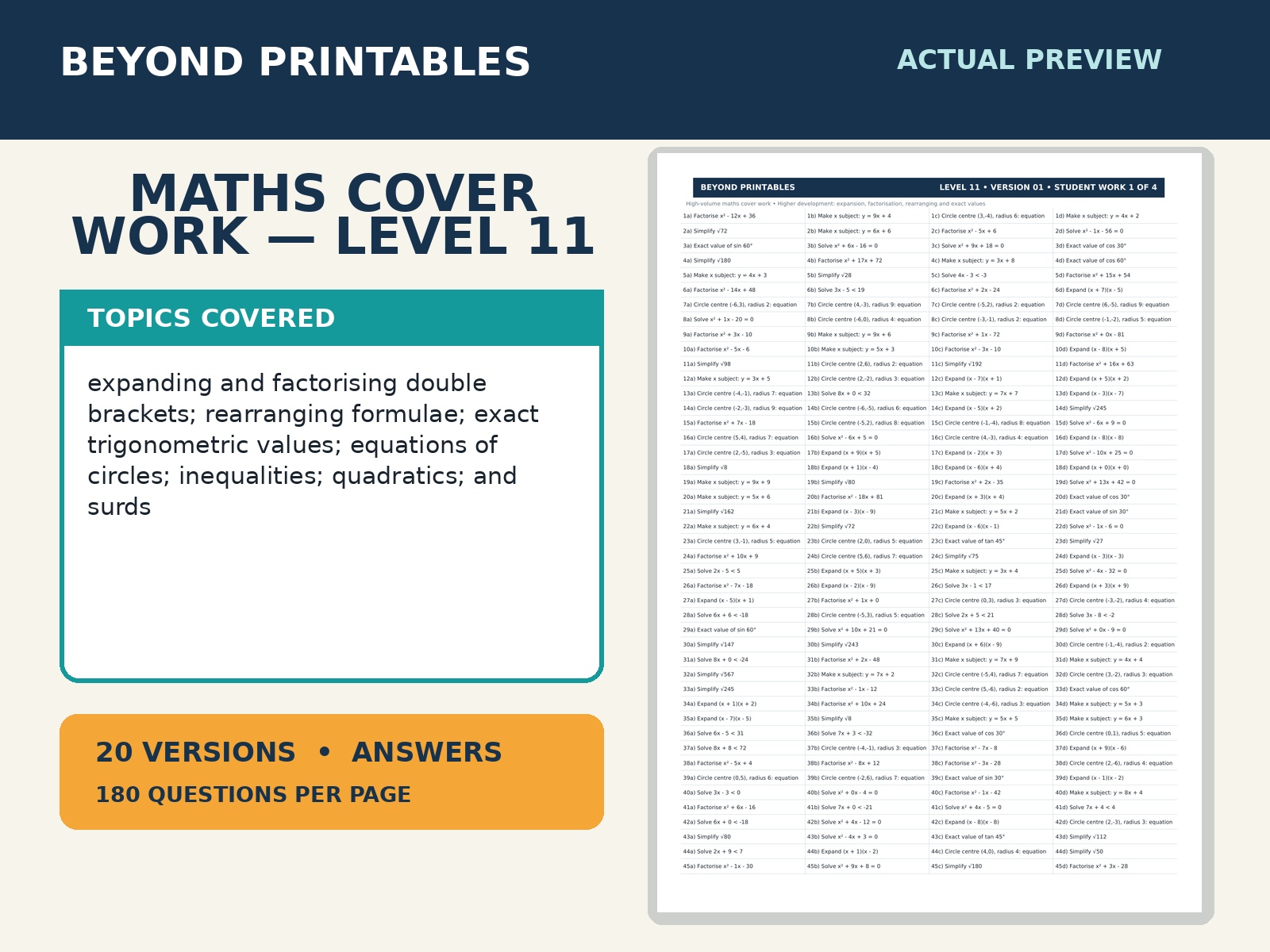 Maths Cover Work Level 11 | 20 Reusable High-Volume Packs with Answers ...