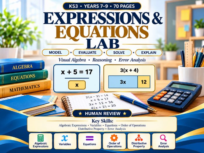 Expressions & Equations Lab  KS3 Years 7–9  70-Page Algebra Worksheets with Answers