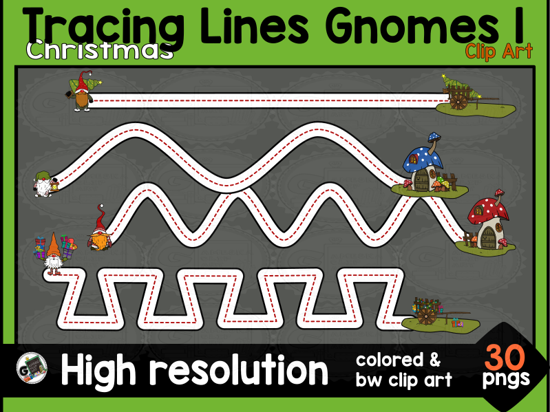 Tracing Lines Christmas Gnomes Guided Level 1 Motor Skills Clip Art