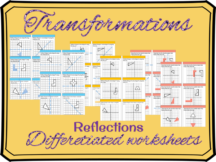 Transformations - Reflections differentiated worksheets by MissEHoney