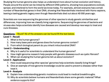 B12/L3 - DNA & Human Genome Lesson Worksheet With Answers / GCSE / AQA/ Combined Science