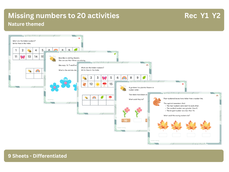 Differentiated Missing Numbers to 20 Plus RPS Sheets Nature theme