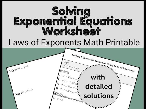 Solving Exponential Equations Worksheet | Laws of Exponents Math Printable