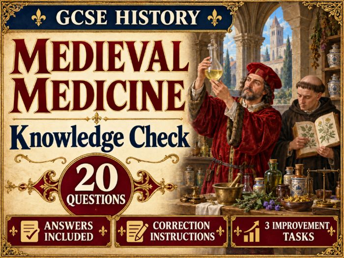 Medieval Medicine Knowledge Check | GCSE History | 20 Questions/revsion/assessment