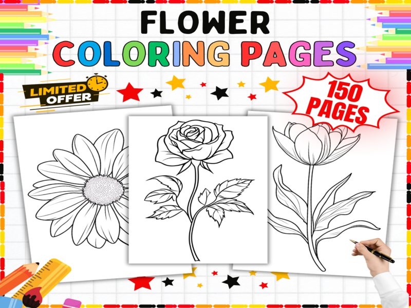 Flower Coloring Pages | Roses Tulips Sunflowers Art Activity Worksheets | Fine Motor Skills Bundle