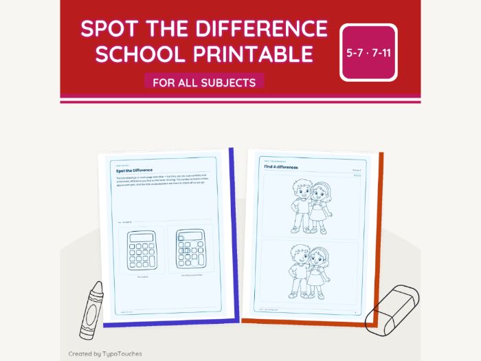 Spot the Difference School Printable | 18 pp