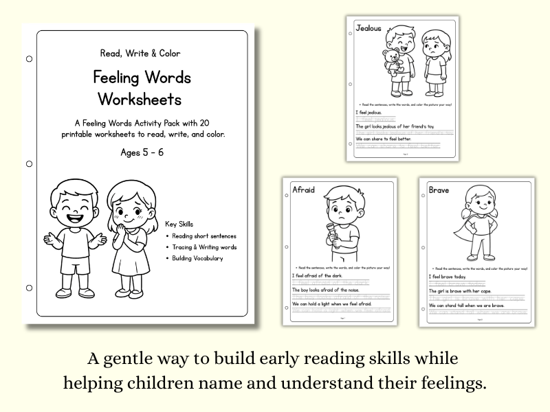 Feeling Words Worksheets – Read, Write & Color (Ages 5–6)