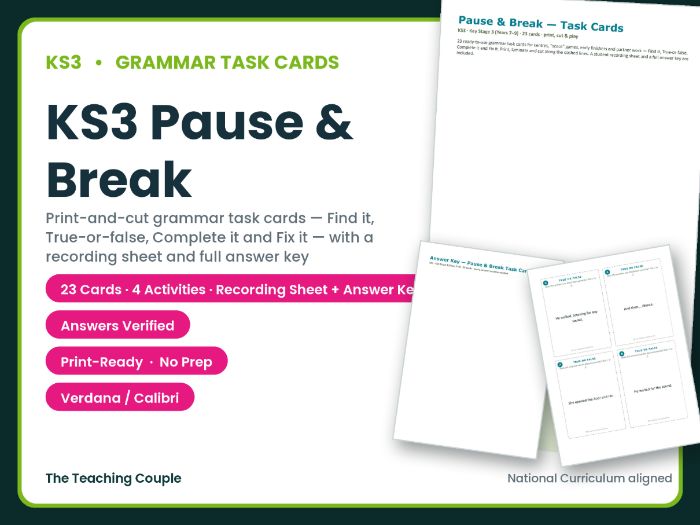 KS3 Pause & Break Task Cards – 23 Grammar Cards + Answer Key