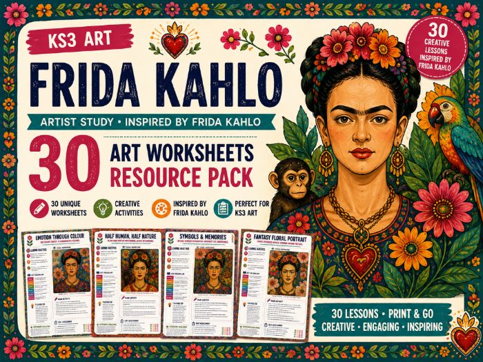 Frida Kahlo Artist Study – 30 Creative Art Worksheets | KS3 & KS4 Art Resource Pack