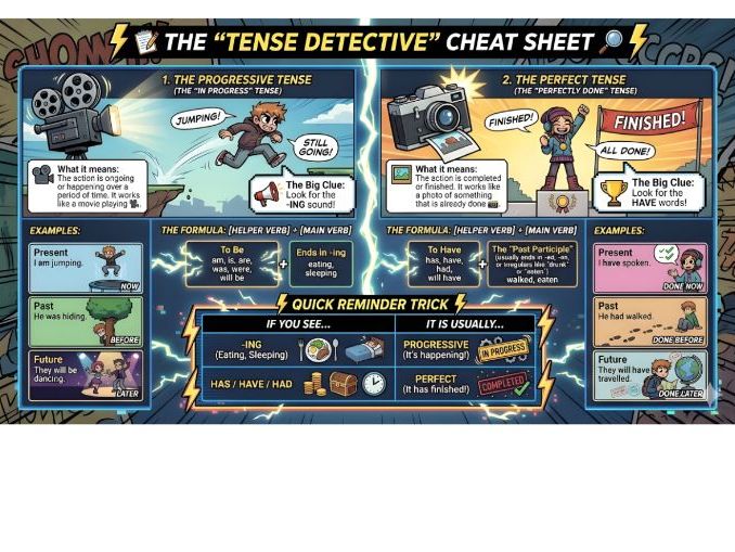 Progressive & Perfect Tenses Cheat Sheet Poster – Engaging Comic-Style Classroom Resource
