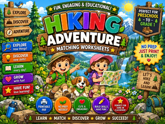 Hiking Adventure Matching Worksheets |Picture, Number, Letter, Shape & Color Activities |Preschool-1