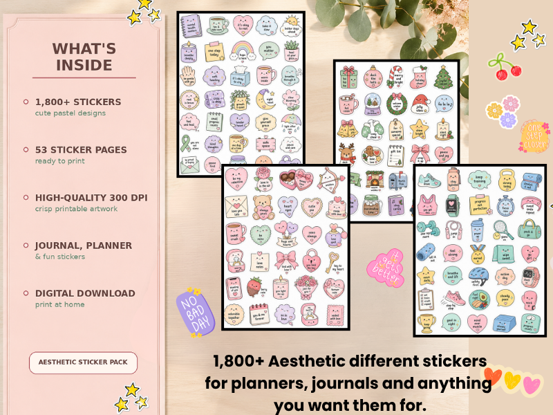 1,800+ Printable Planner & Journal Stickers | Adults & Kids | 53 Pages, 300dpi