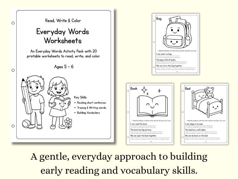 Everyday Words Worksheets – Read, Write & Color (Ages 5–6)