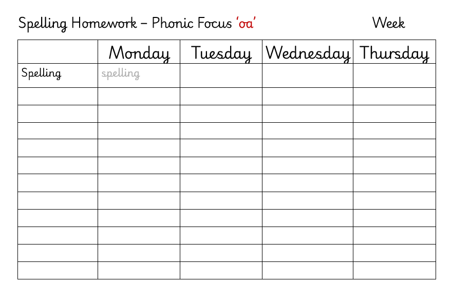 Spelling Homework Blank