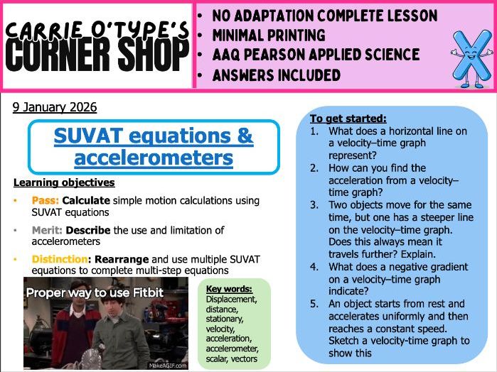 SUVAT Motion Calculations & Accelerometers - AAQ Pearson Applied Science