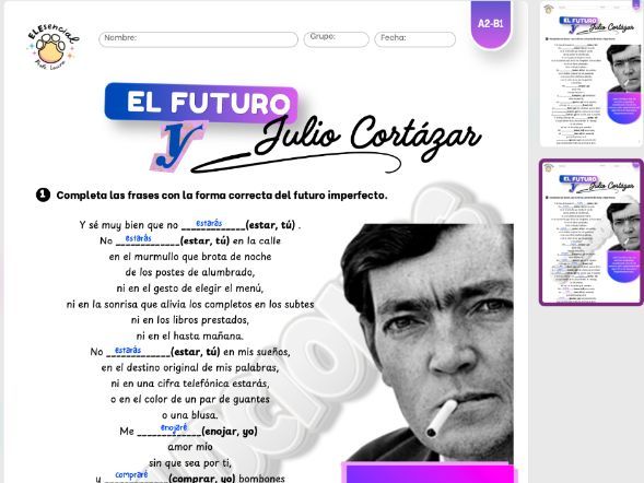 Spanish Future Tense Worksheet: Julio Cortázar Poetry