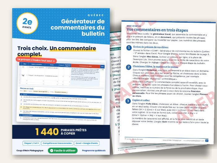 French Report Card Comments Québec Grade 2 | Commentaires bulletin 2e année