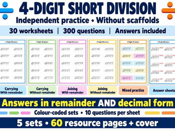 4 digit by 1 digit short division - Bus stop method - With and without remainders