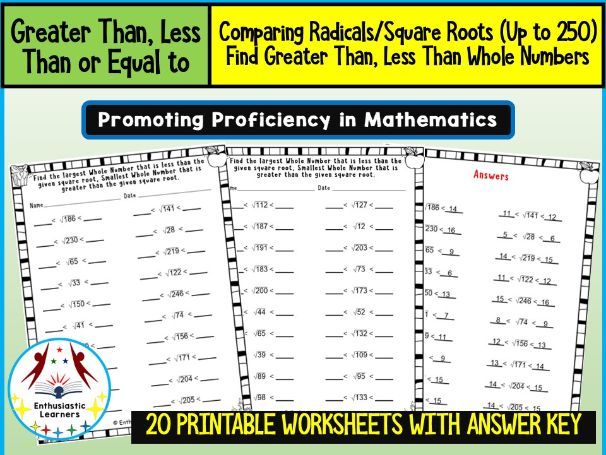 Greater Than, Less Than with Radicals or Square Roots (Up to 250) Find the Whole Numbers Worksheets