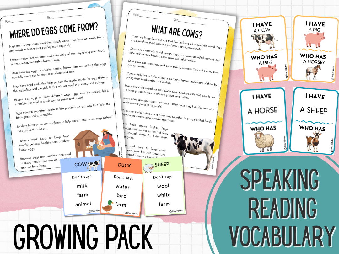 Farm Animals ESL Activities Bundle | Reading Comprehension, Vocabulary Games & Speaking Activities