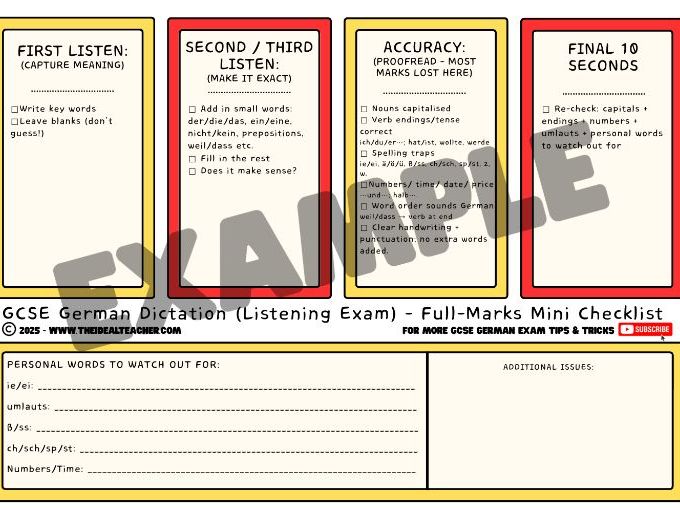 GCSE German Listening Dictation: Full Marks Checklist (AQA / Pearson)